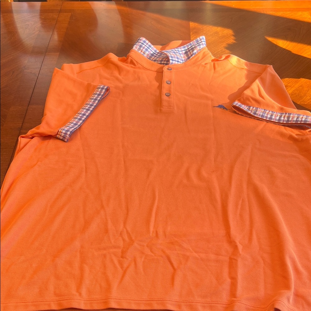 Tommy Bahama Orange Polo Shirt with Plaid Accents